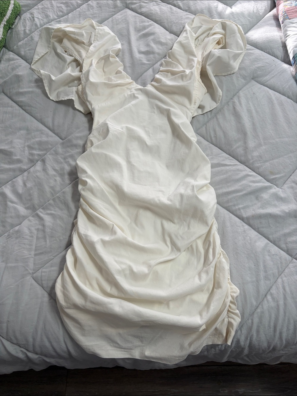 White/Cream Ruffle Sleeve Ruched Mini Dress